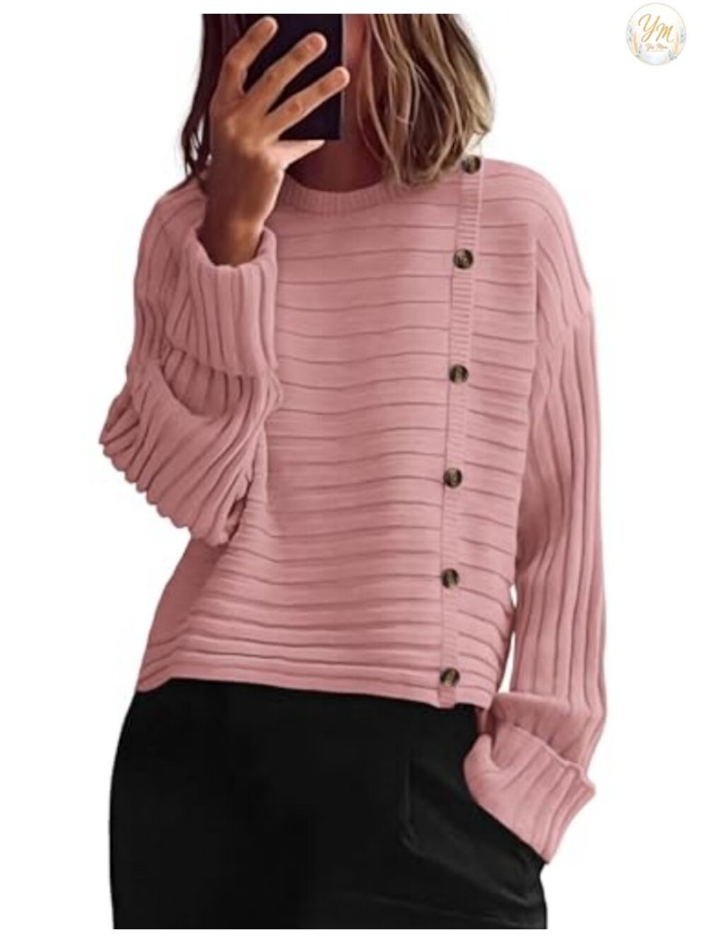 Womens Asymmetric Button Long Sleeve Knit Pullover Sweater Loose Fit